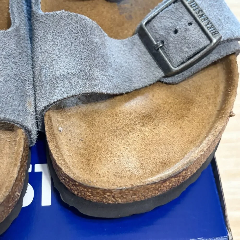 Birkenstock Sandals Arizona Suede Leather Stone Blue Adjustable Strap EUC EU 41